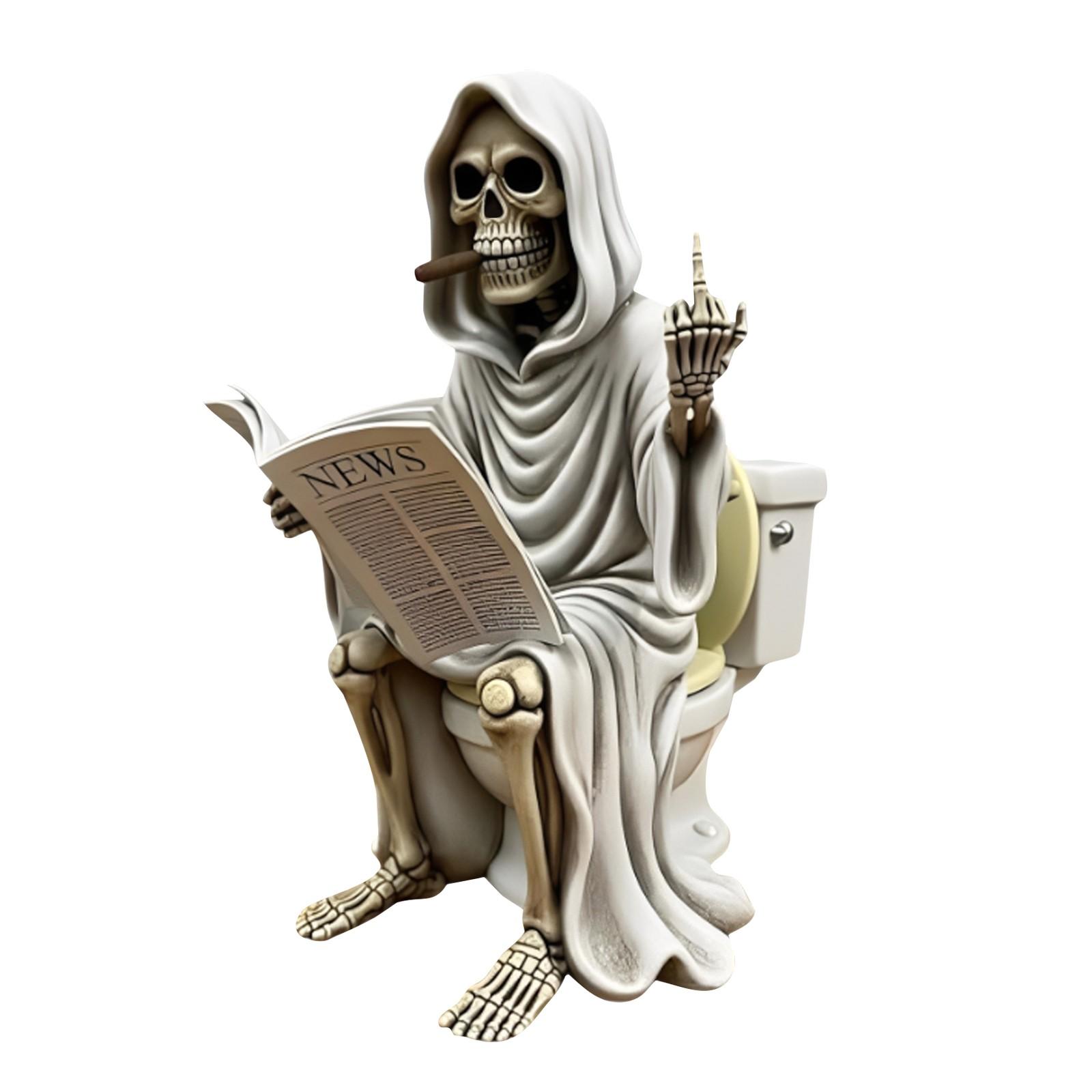 

Toilet Grim Figurine, Spooky Gothic Skeleton Figurines Middle Finger Toilet Bath Desktop Ornaments One Size