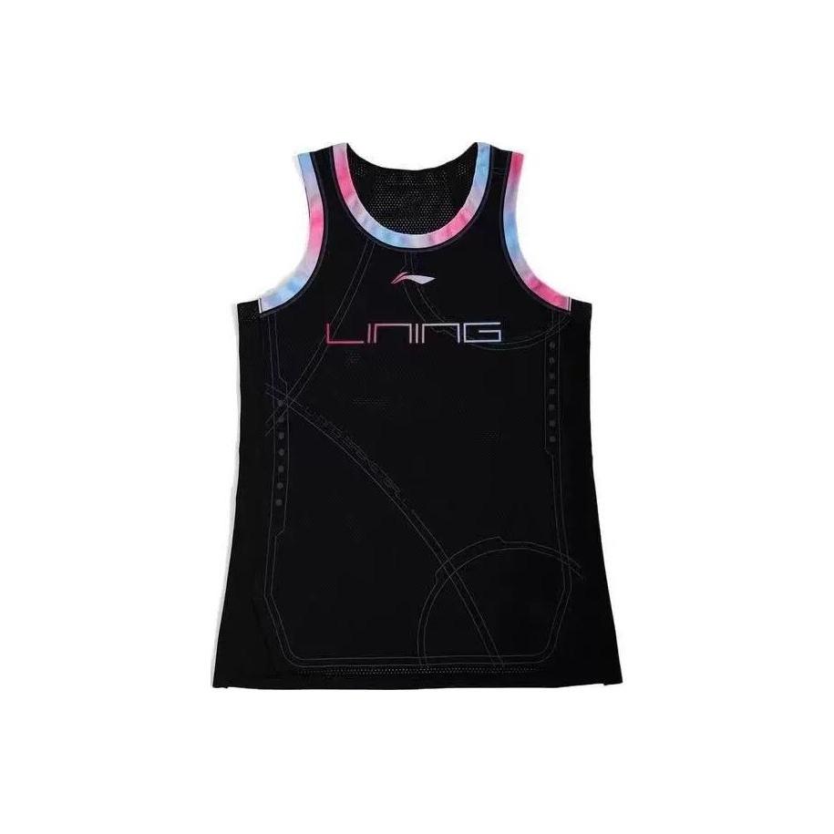 Li Ning Sports Basketbal Serie Logo Print Verloop Mesh Ademend Trainingsvest Heren Vesten Zwart AAYR391-2
