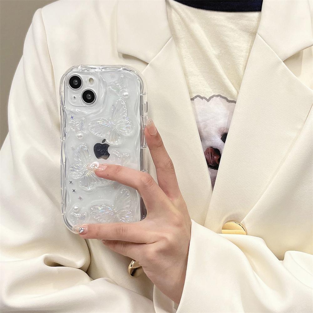 3D Butterfly Crystal Bling Glitter Clear Case For iPhone 15 14 Plus 13 12 11 Pro Max X XR XS Max Shining Star Pearl Wave Cover