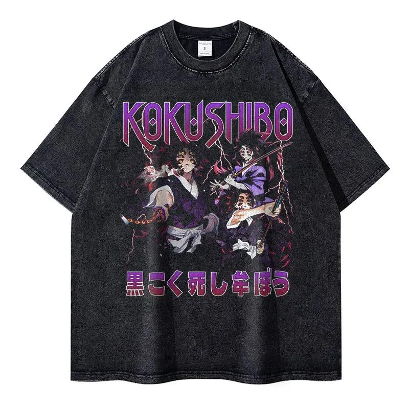 Heißer Verkauf Japan Anime Demon Slayer Nezuko Manga Vintage Gewaschen Kimetsu No Yaiba Grafikdruck T-Shirt Herren Damen Oversized Kurzarm Sommer Neues T-Shirt