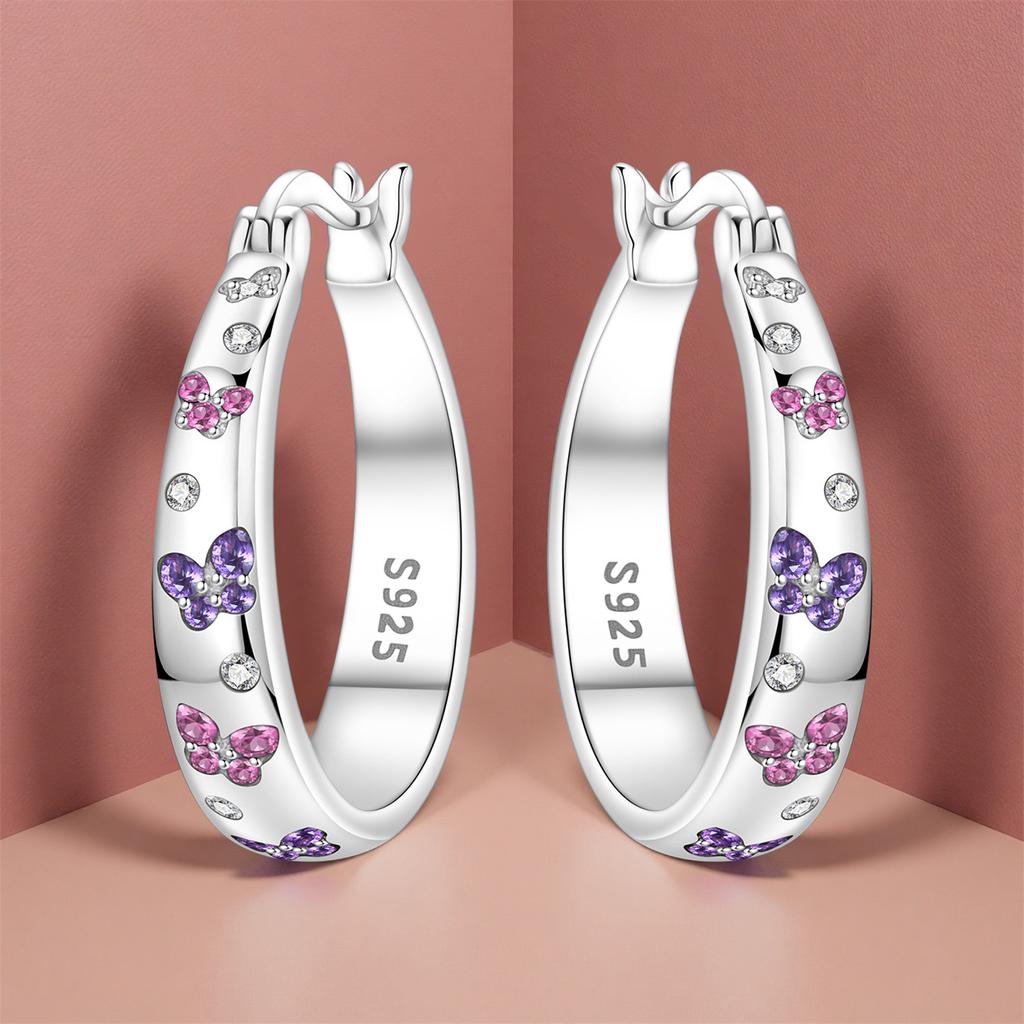 S925 Silver Pink Purple Butterfly Insect Earrings Hoop Earrings Women Jewelry Trendy Anniversary Gifts