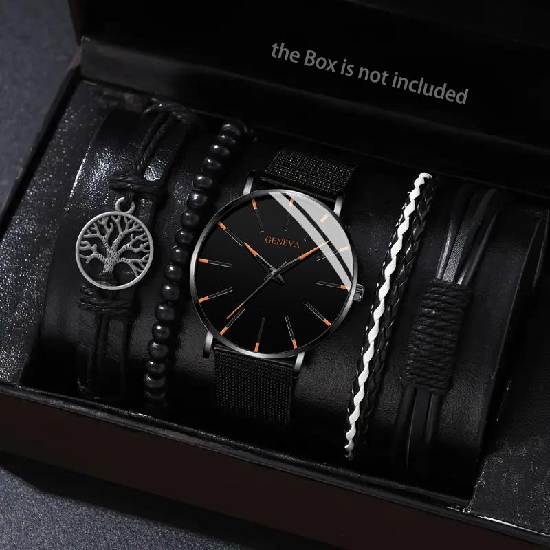 

5 шт./компл., модные мужские повседневные кварцевые часы с ремешком из искусственной кожи и простые мужские браслеты, подарки на день отца