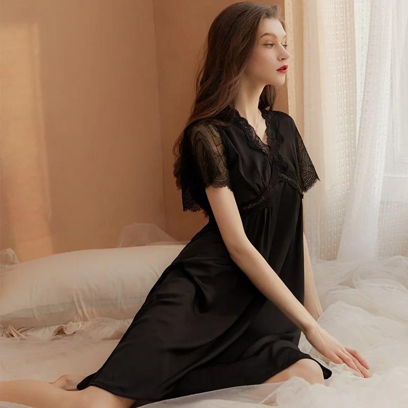 Women Ice Silk Thin Lace Nightdress V-Neck Sexy Summer With Bra Nightwear Home Clothes
