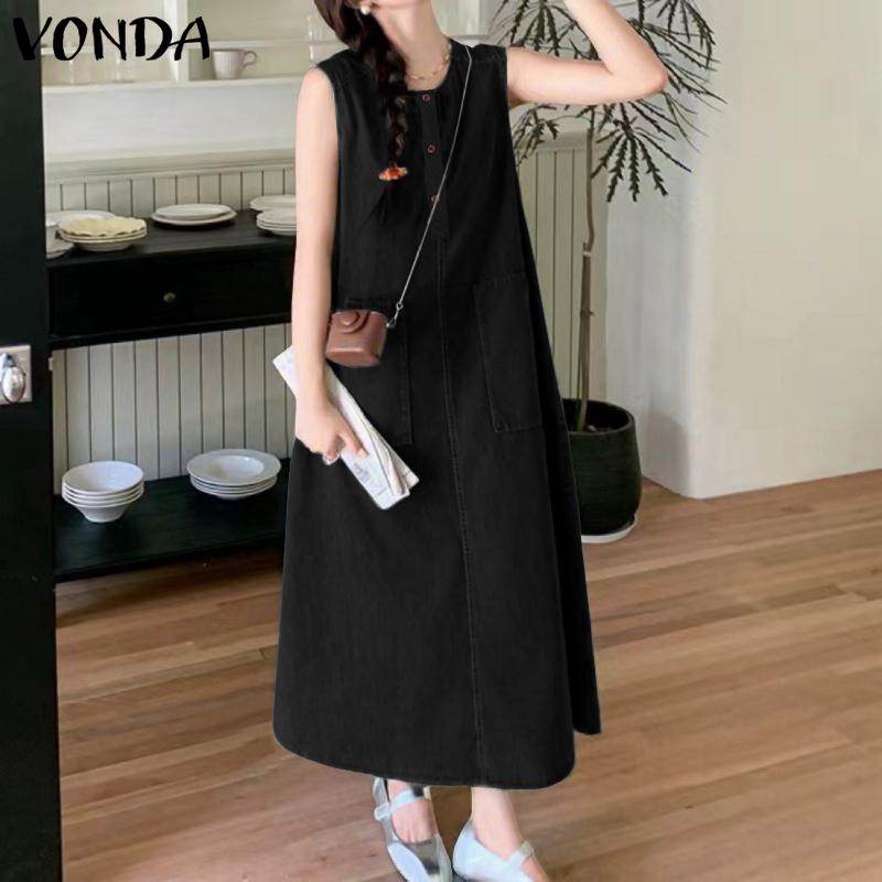 VONDA Women Round Neck Sleeveless Solid Color Casual Long Tunic Dress