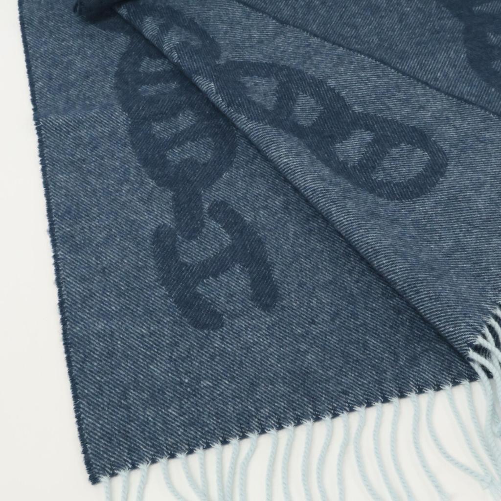 HERMES Logo Embroidery Crazy Chain Cashmere Fringe Scarf blueUsed