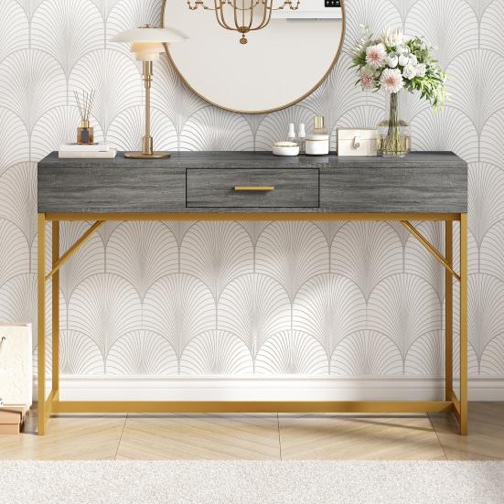 Console Table with 2 Drawers Light Luxury Modern Metal Golden Frame Living Room Farmhouse Long Hallway Table Behind Sofa Narrow Entryway