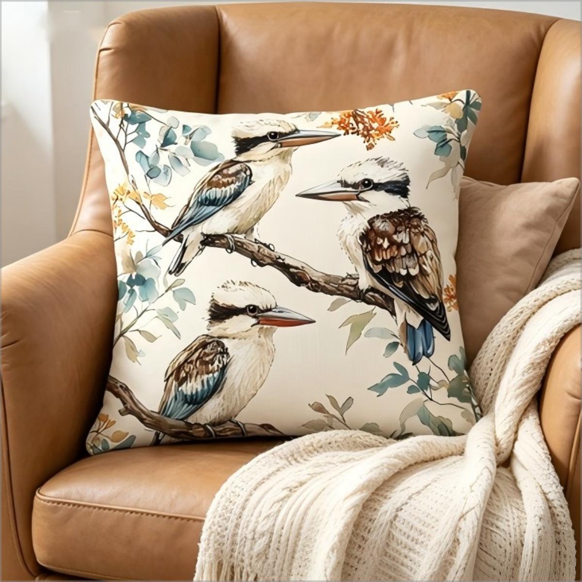Watercolor Kookaburra Birds Print Throw Pillow Cover, Australian Native Wildlife With Eucalyptus Leaves Decorative Cushion Peach skin 18*18(CM)-1Pcs