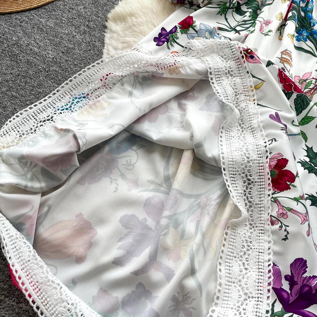 2026 New Floral Print Lace Patchwork Maxi Dress Women Elegant V Neck Long Sleeve White Casual Party Long Dresses Bohemian Robe