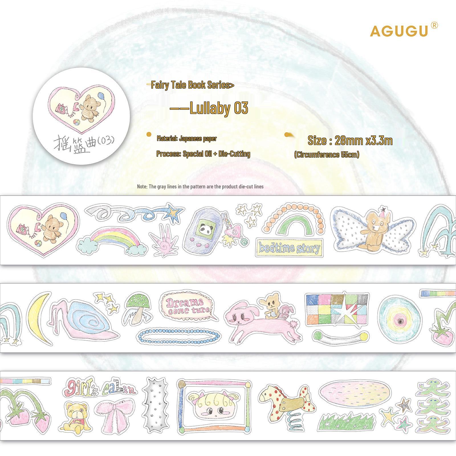 

AGUGU Dreamcore Fairy Tale PET Sticker Roll - Cute Hand-Drawn Graffiti & Glitter Tape
