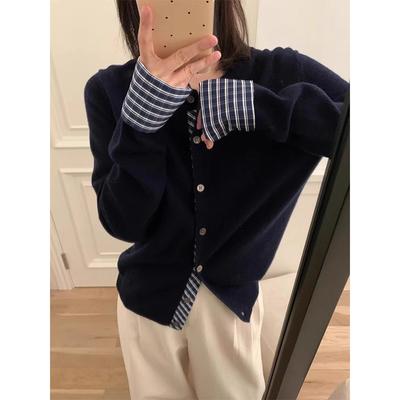 Plaid Contrasting Color Fake Two-piece Knitted Cardigan Women's Spring Age-reducing Top Temperament Versatile Jacket Sweater