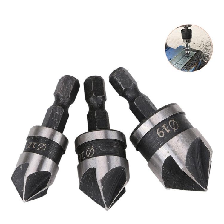 Precise Woodworking Chamfer Tool 5 Flute Hexadecimal Shank Countersink Drill Bit Set For Clean Countersinks 3Size