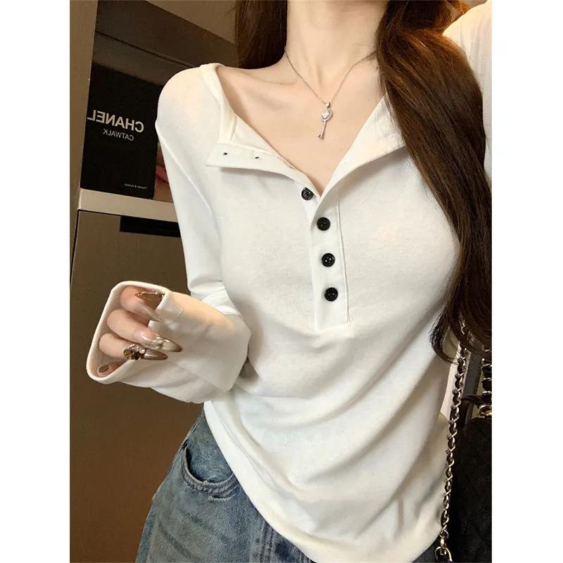 Women Autumn Button Detail V Neck Long Sleeve T Shirt
