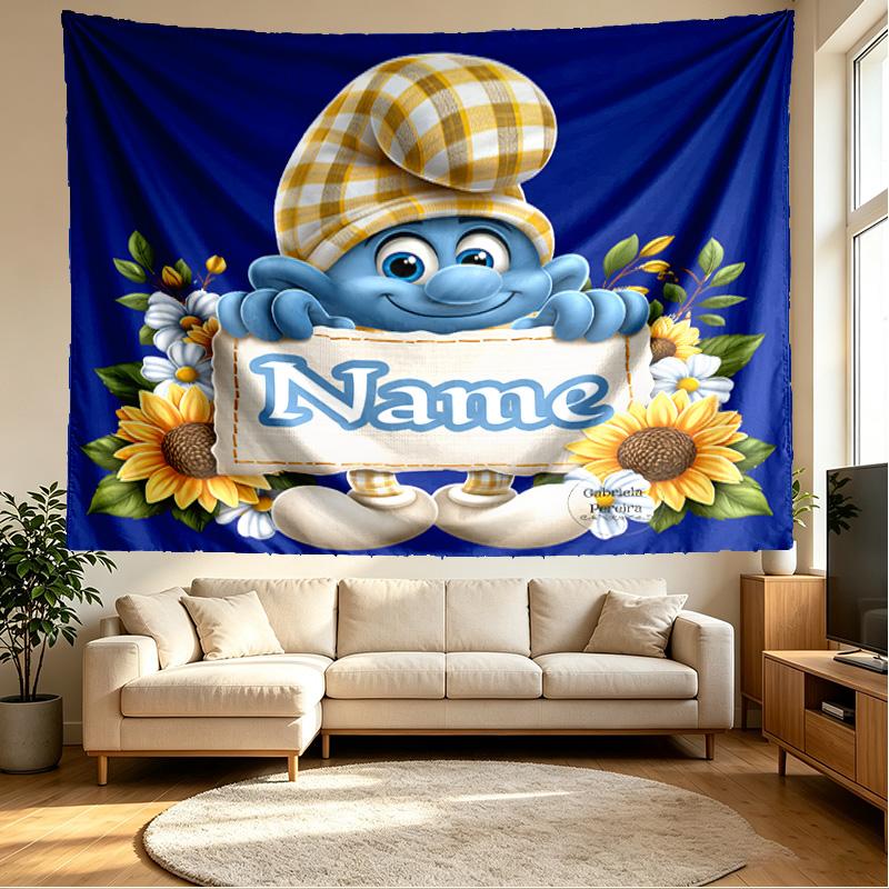 Custom Name Personalized Blue Smurfs Print Tapestry, Wall Art Decor, Bedroom, Dorm, Apartment, LivingRoom, Party Backdrop, Gift for Birthday