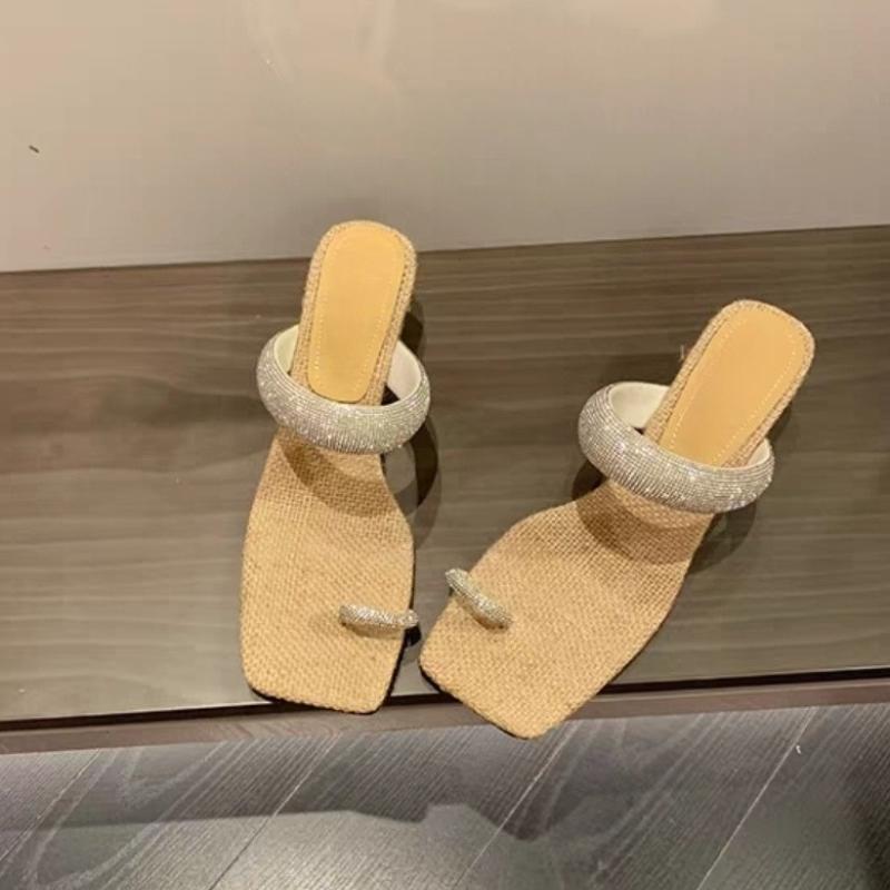 Square Toe Crystal Women Slippers High Heels Sandals Chunky Shoes Women Summer 2025 New Sexy Party Shoes Flip Flops Mujer Pumps