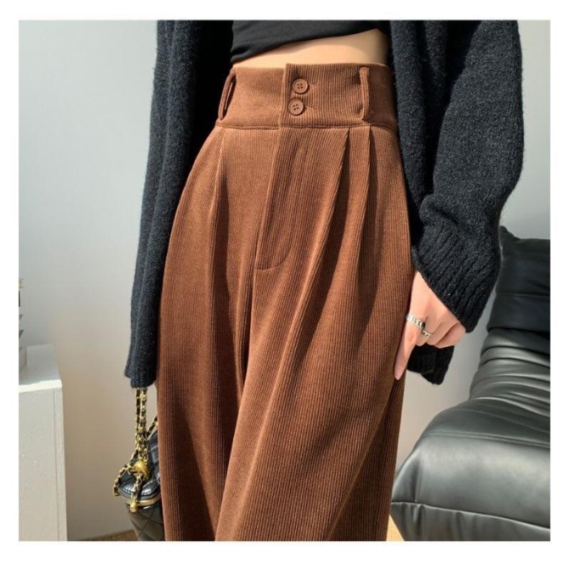Ins Trendy Women Korean High Street Wide Leg Trouser Autumn Winter Thick Warm Women's Pant Fashion Corduroy Loose Button Trouser