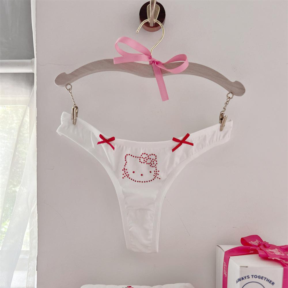 Cute Kitty Rhinestone Bow T-Back Underwear: Pure Cotton, Sporty, Comfortable Thong for Students and Young Women