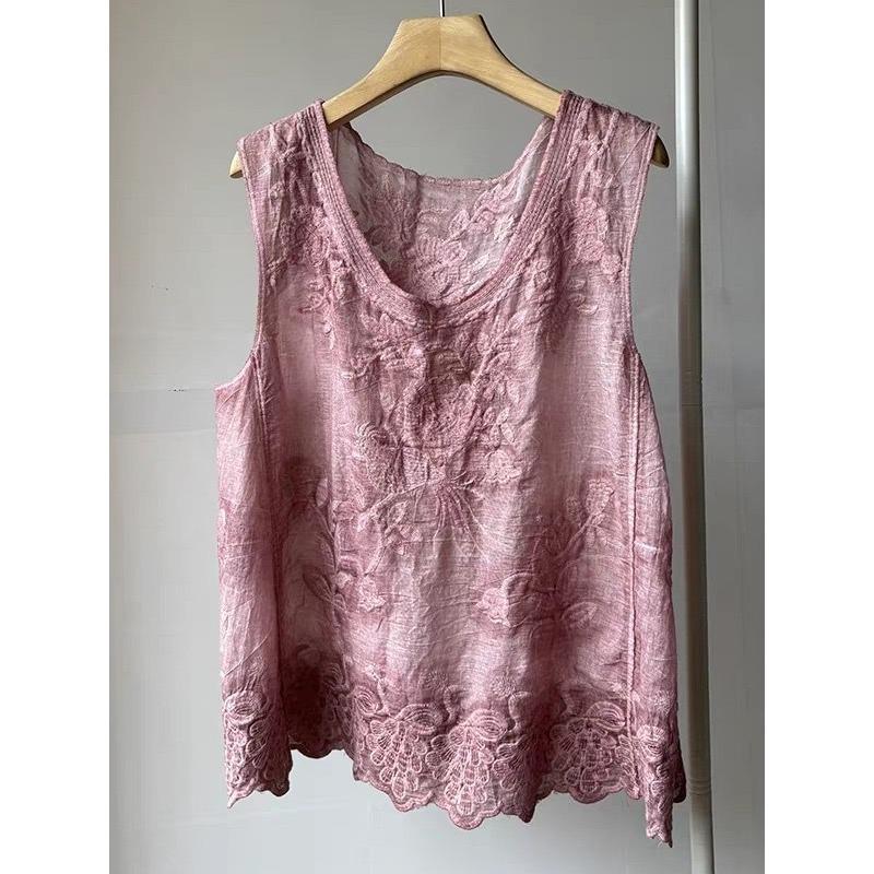 Summer Pure Cotton V-neck Single-breasted Hollow Vest Loose Sleeveless Cardigan with Vest Thin Large Size Top Women