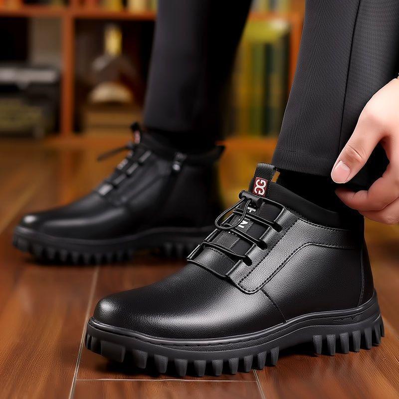 Men's Cotton Shoes, Leather and Wool Integrated Winter Warm and Velvet Thickened High-top Snow Boots