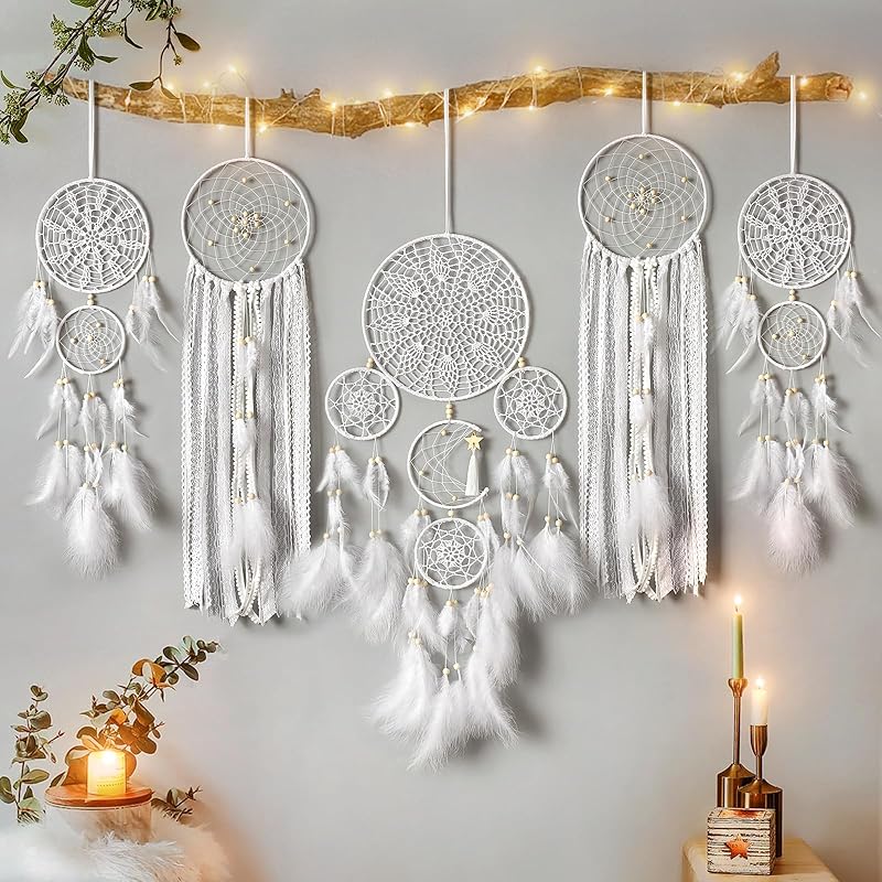 LOMOHOO 5 Pack Dream Catcher Moon and Sun Design Boho Wall Hanging Decor Handmade Traditional Feathers Dream Catchers for Kids Bedroom Living Home