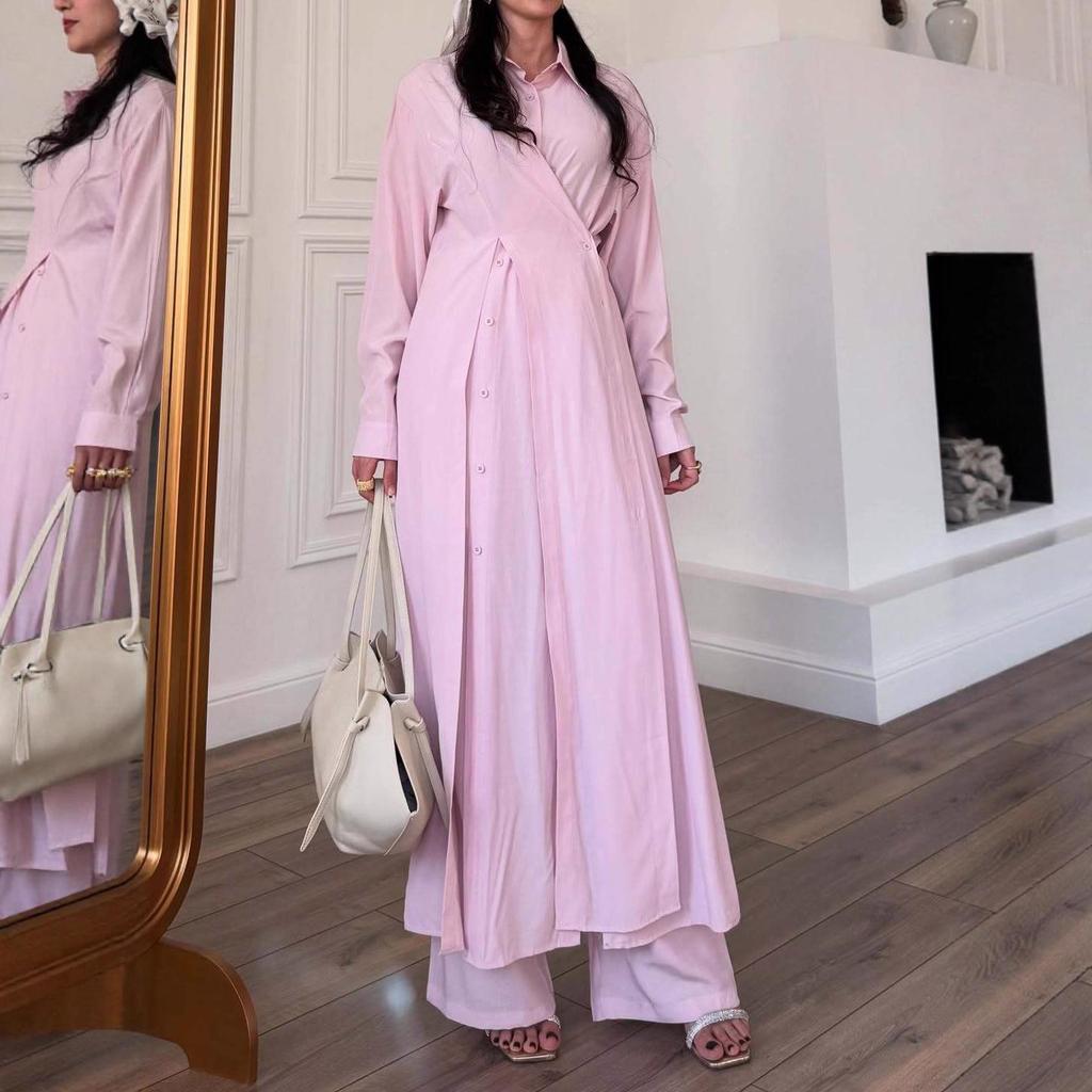 European and American Women's V-neck Tie-up Ruched Sleeve Shirt Jacket Dress Pants Set, 2025 Fashion Collection