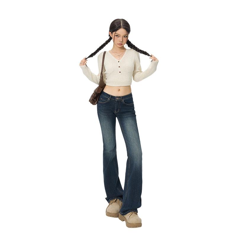 American retro low-rise micro-pull jeans women's autumn new elastic slim-fitting and thin versatile bell pants
