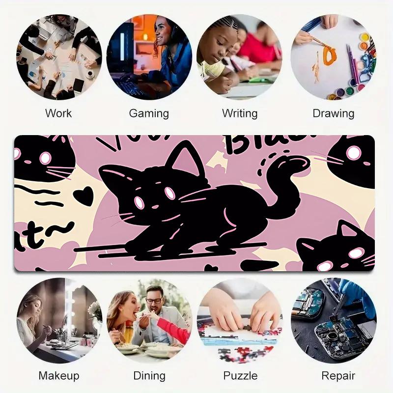 Kawaii Schwarze Katze Muster XXL Gaming-Mauspad, Computerzubehör, Tastatur und Laptop Rutschfeste Gummi-Schreibtischmatte für PC Laptop