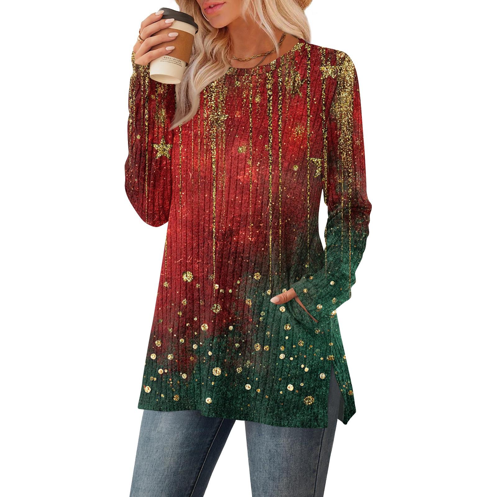 

Женский рождественский топ с круглым вырезом, длинными рукавами, карманами и боковыми разрезами M