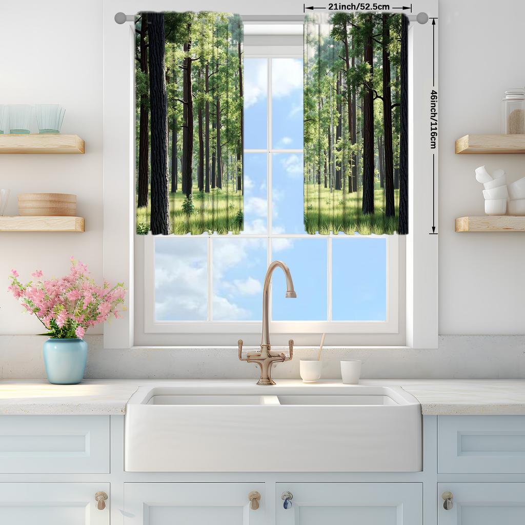 2pcs Healing Green Forest Pattern Curtains   Distinctive Printed Curtains   Suitable for Gifting To Family and Friends