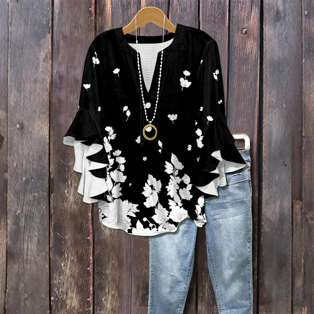 Women's Fashion Casual Button V-Neck Seven Sleeve Vintage Printed Shirt Top