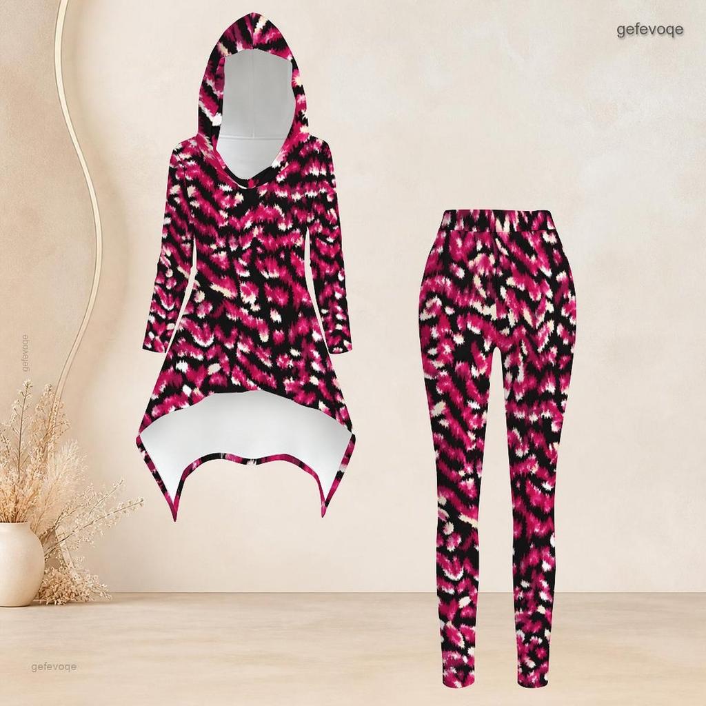 Damen Übergröße Mit Kapuze Langarm Bedrucktes High-Low-Top Und Eng Anliegende Hose Zweiteiliges Set