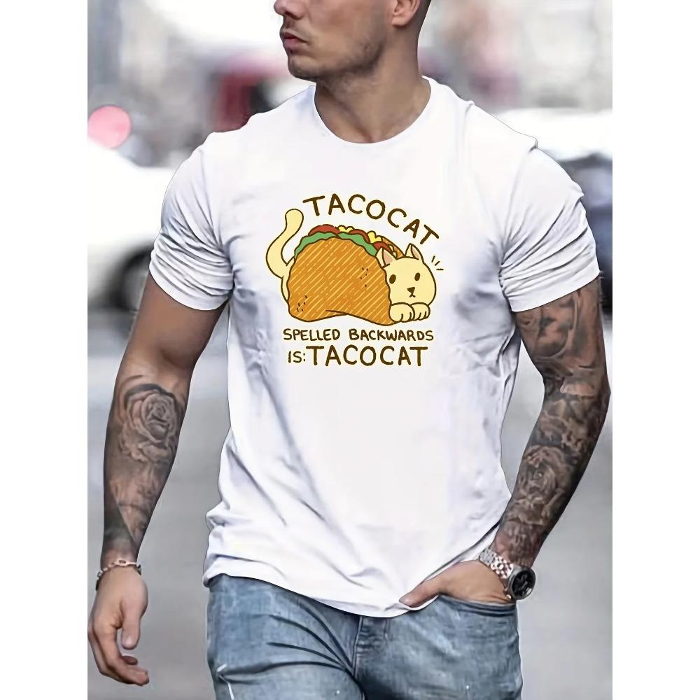 Men's Taco Cat Cartoon Pattern T-Shirt, Summer Outdoor Casual Male Clothing, Gift for Men