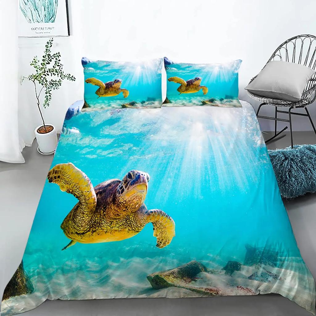 Sea Turtle Duevt Cover Set King Size Ocean Turtle Themed Comforter Cover For Teens Boys And Girls Soft Polyester Quilt Cover