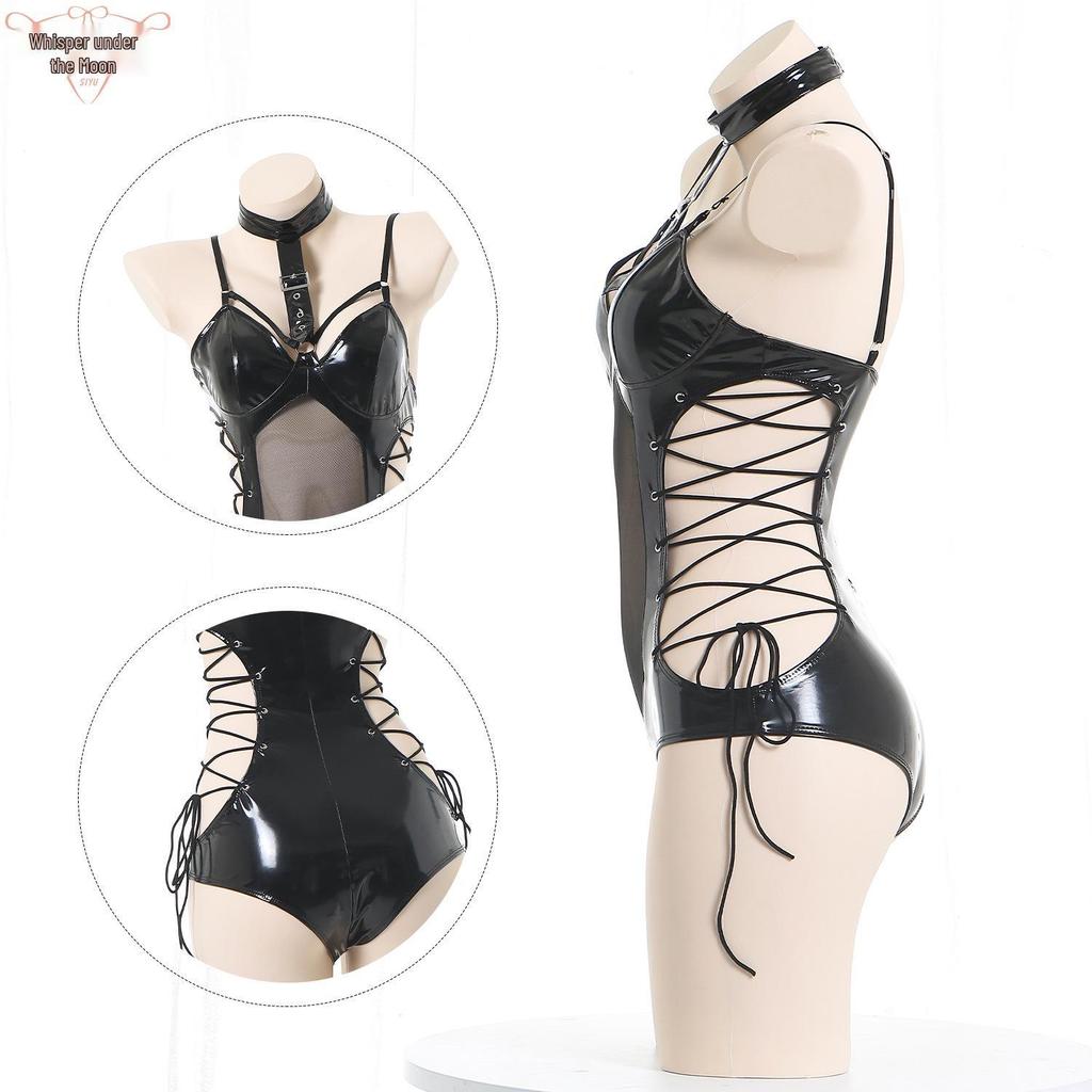 Seductive Nightclub Queen: Patent Leather Bondage Lingerie Set