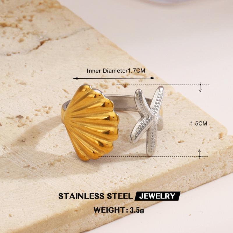 Simple Starfish Shell Pattern Ring Two Tone Stainless Steel Jewelry Accessories Unisex Geometric Line Open Rings Valentine Day