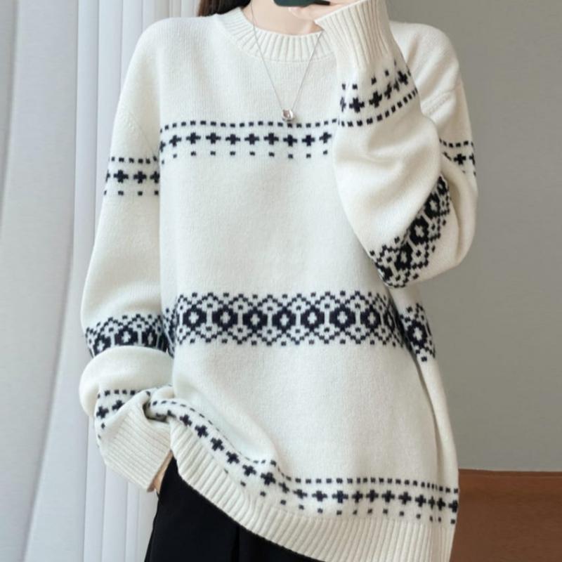 Navava Women Pattern Color Block Round Neck Long Sleeve Knit Nk3459