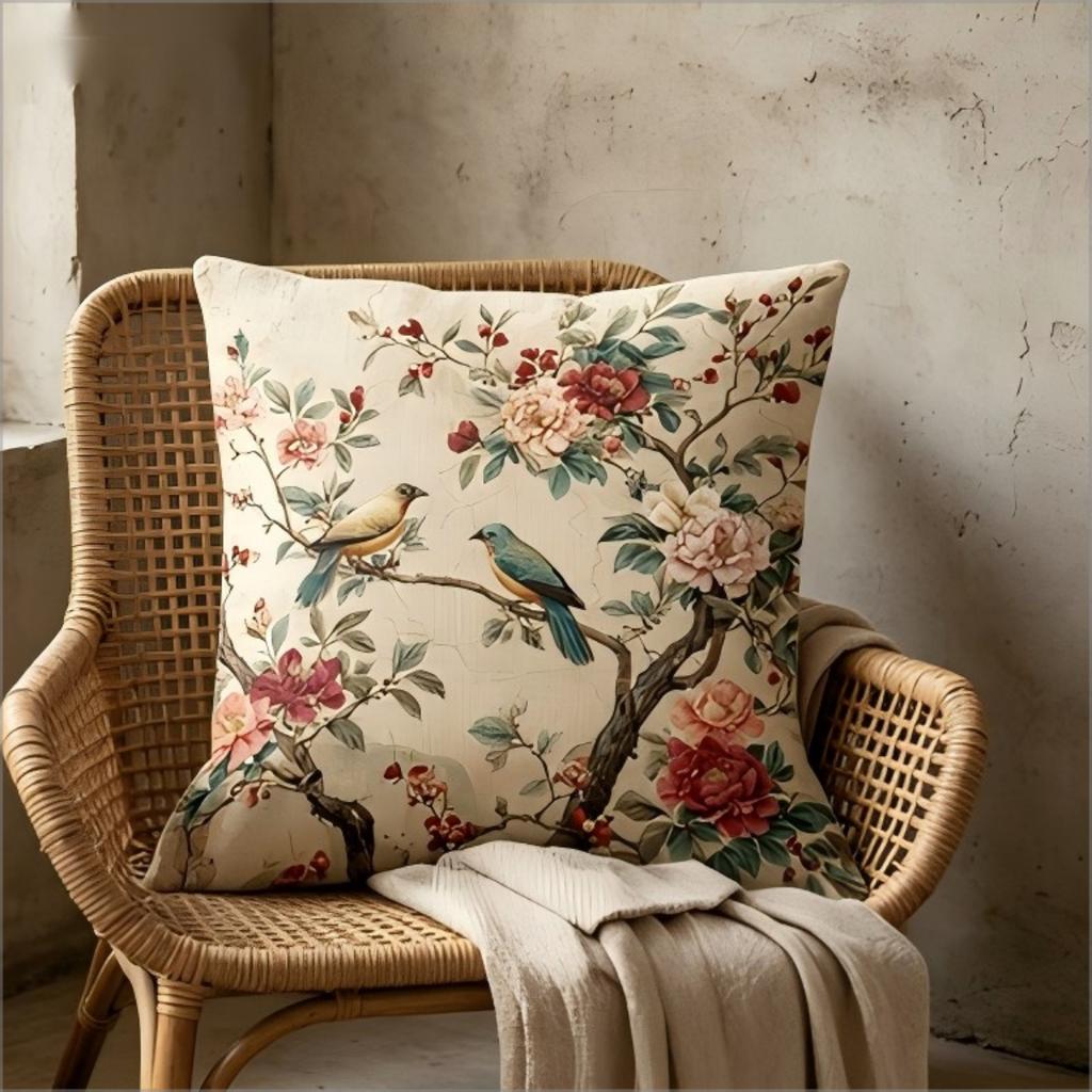 Vintage Chinoiserie Bird And Flower Throw Pillow Cover, Retro Botanical Floral Print Decorative Cushion For Bedroom Sofa Couch