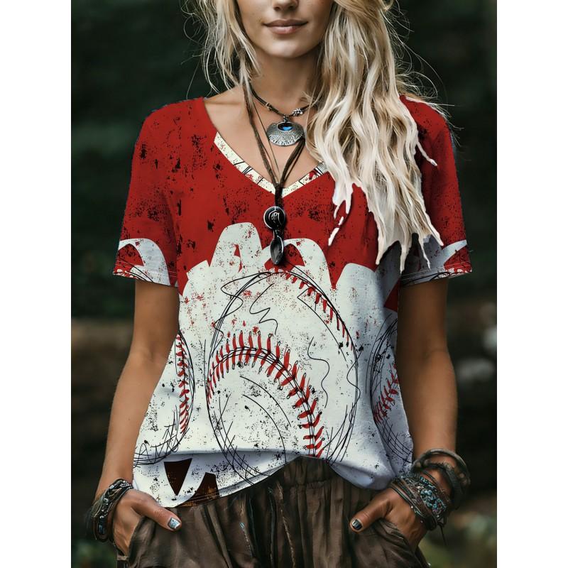Womens V-Neck Short Sleeve Loose Fit T-Shirt With Floral Lake Scene Cartoon Bun Girl Print 2025 Casual Top
