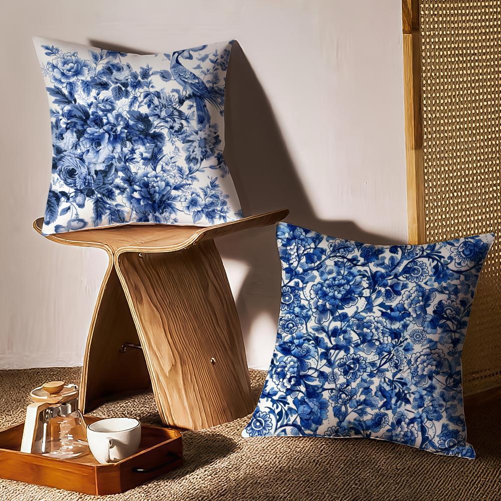 Oriental Blue And White Porcelain Cushion Cover Anti-dustmite Pillowcase Invisible Zipper Silky Short Plush Sofa Cushion Cover