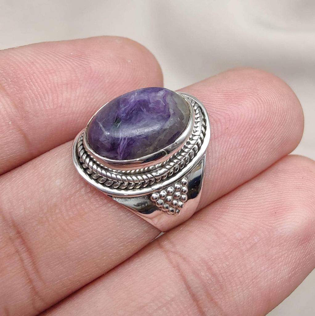 Natural Charoite 925 Sterling Silver Ring: Handmade Boho Gemstone Jewelry