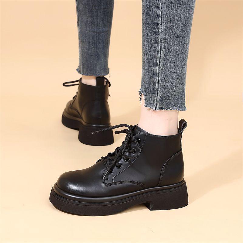 British-Style Women's Vintage Leather Lace-Up Martin Boots - Height-Increasing, Wide-Foot, Short French Design