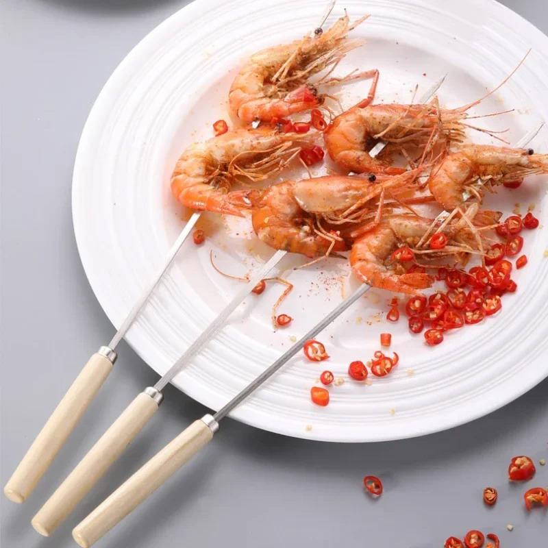 10 Adet Ahşap Saplı Haşlanma Önleyici Barbekü Şişi Yeniden Kullanılabilir 304 Paslanmaz Çelik Metal Barbekü Şişi Geniş Şişler