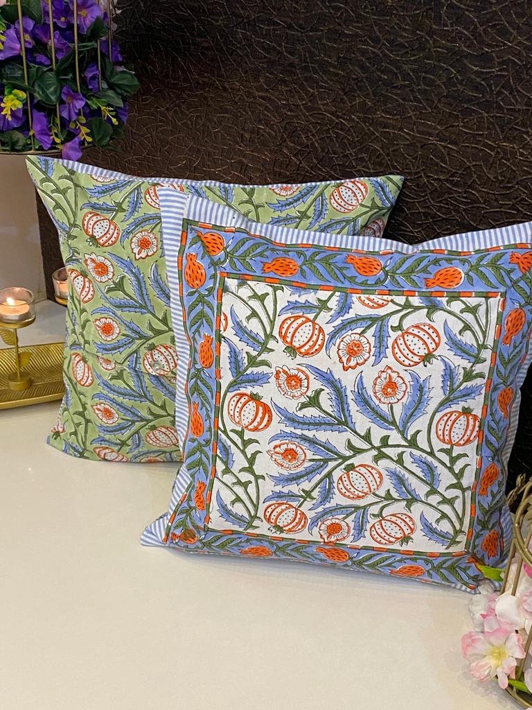 Pair of Handblock Printed Cushion Covers- 16*16 Inches