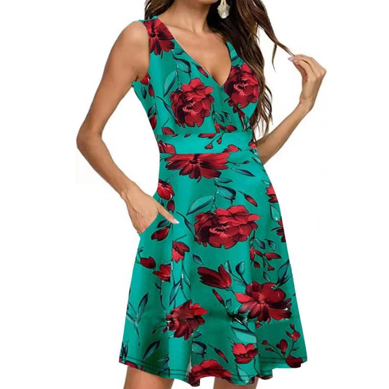 Fashion Elegant V-Neck Sleeveless Printed Dress Spring Summer Pockets Women Casual Simple A-line Party Dresses Female Sweet Office Loose Clothing