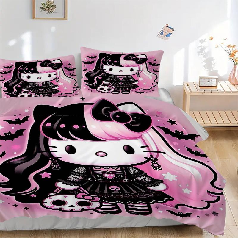 

3pcs Hello Kitty Gothic Halloween Printed Quilt Set - Includes 1 Quilt Cover and 2 Pillowcases, Machine Washable - Suitable for All Seasons.H037 135x200cm