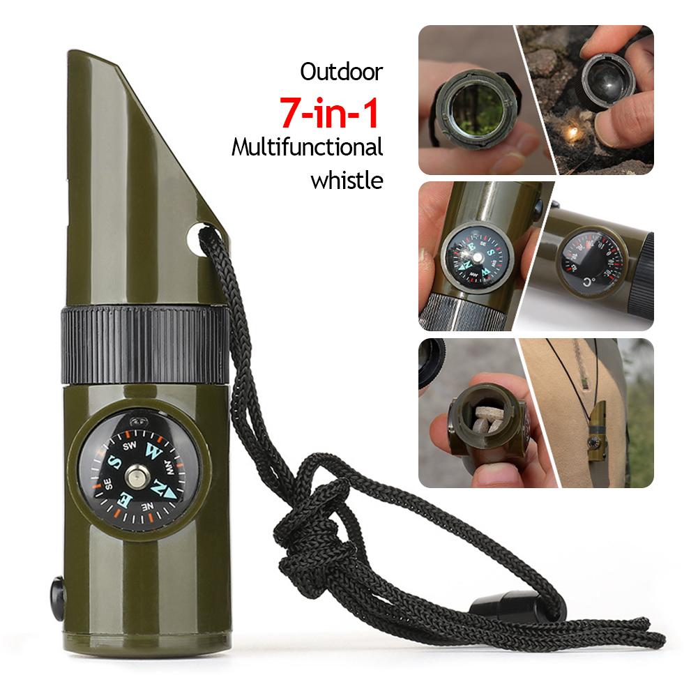 7 In 1 Survival Whistle Compass Thermometer Mirror Torch Magnifier Outdoor Tactical Camping Hiking Emergency Training Tools