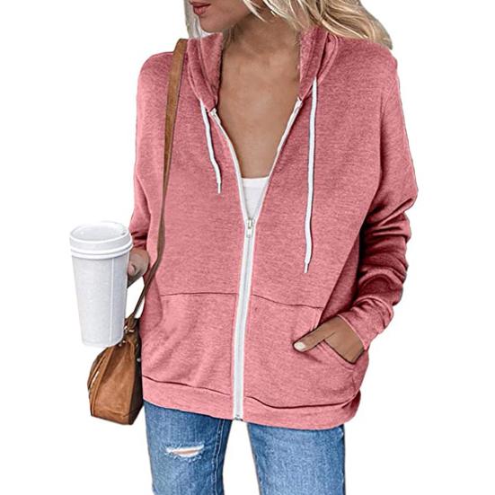 Spring Autumn Women Solid Color Sweatshirt Coat Hooded Drawstring Long Sleeve Pockets Zipper Placket Thickened Outerwear