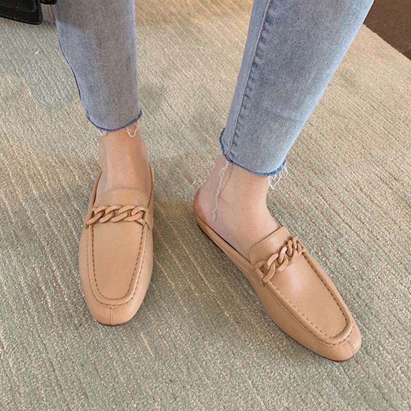 Metal Chain Summer Women Mules Slip On Flat Loafers Closed Toe Moccasins Fashion Designer Comfy Pu Leather Casual Slides Shoes