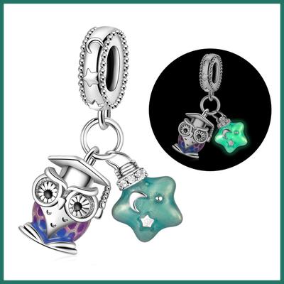 Plata S925 Estrellas que Brillan en la Oscuridad Búho Erudito Colgante Dos en Uno Pulsera de Cuentas Collar Temporada de Graduación Accesorio de Cuenta Suelta DIY