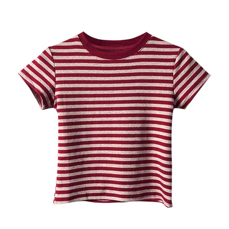 Korean front shoulder striped short-sleeved T-shirt for women's summer tight bottom with high-end retro t-shirt and thin top