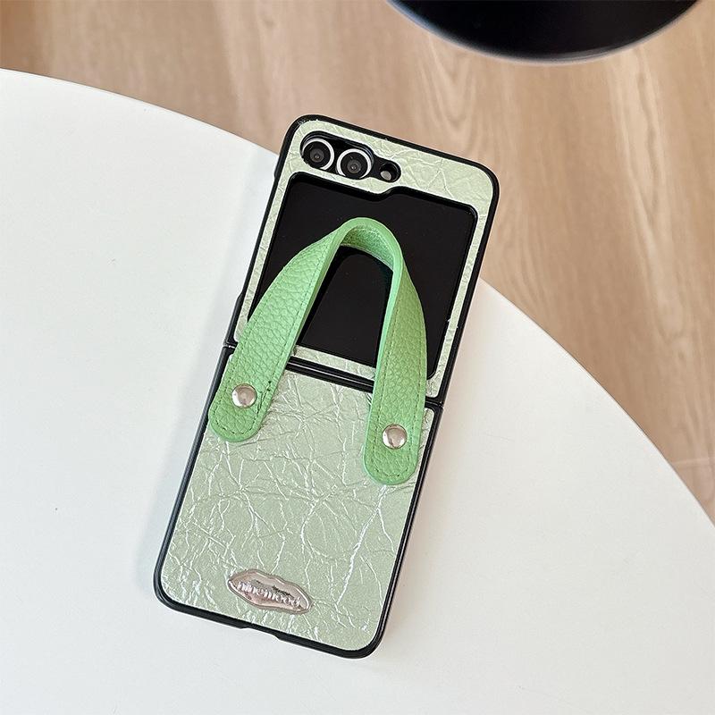 Solid Color Textured Leather Phone Case For Samsung Zflip6 Clamshell Fold7 Portable Wristband Pocket2 Women